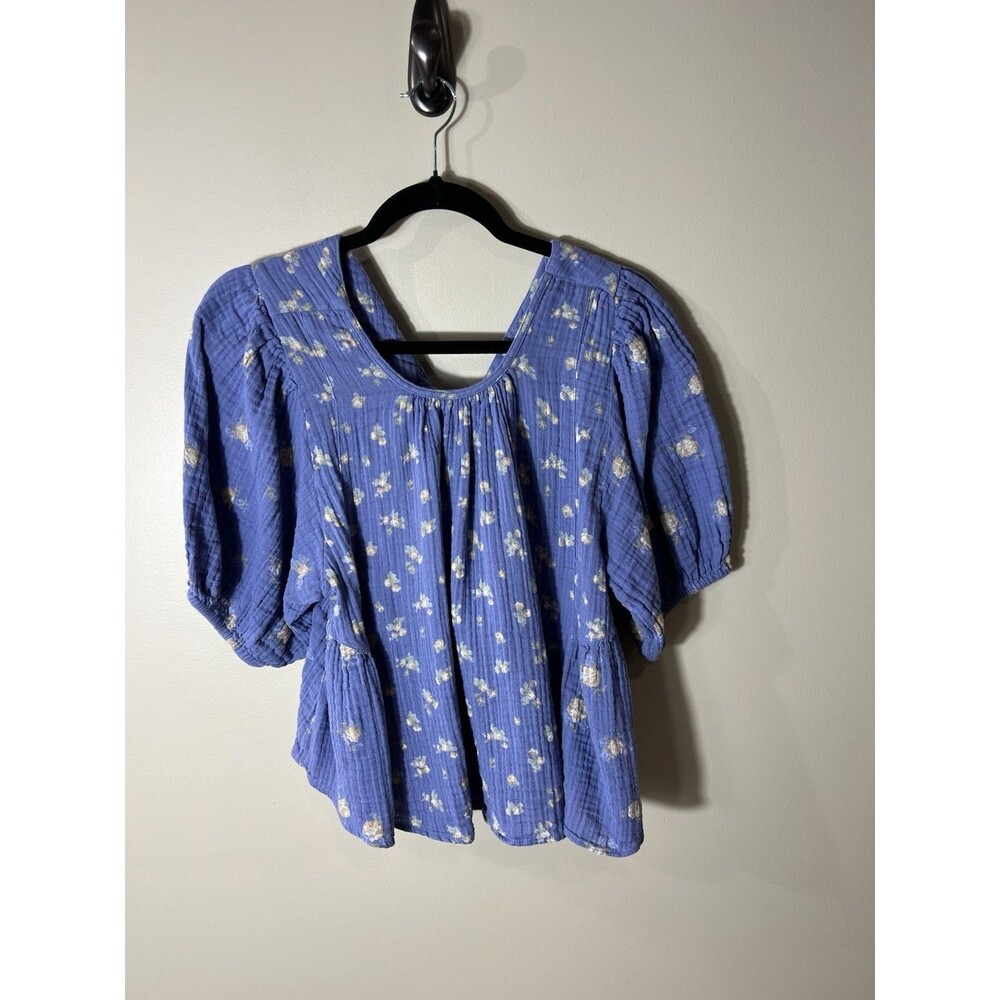 Free People Top Medium Chloe Indigo Blue Gauze Puff Sleeve Open Back Cottagecore